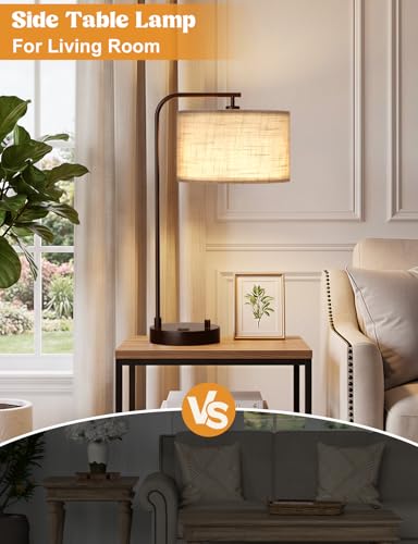 20.7" Tall Table Lamp with USB & Outlet, Fully Dimmable Nightstand Lamp - color: H-Gray Shade & Brown Base