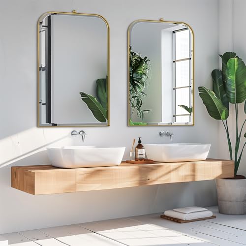 POZINO 38"x24" Brushed Gold Rectangle Beveled Bathroom Mirror for Over Sink - color: Gold Arch, size: 38"L x 24"W