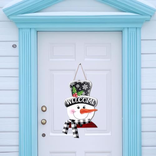 Whaline Winter Snowman Wooden Hanging Sign with Black White Buffalo Plaid Scarf Ribbon Snowman Welcome Sign Xmas Door Decor Sign for Christmas Winter kitchen Indoor Outdoor Porch Wall - style: vivid