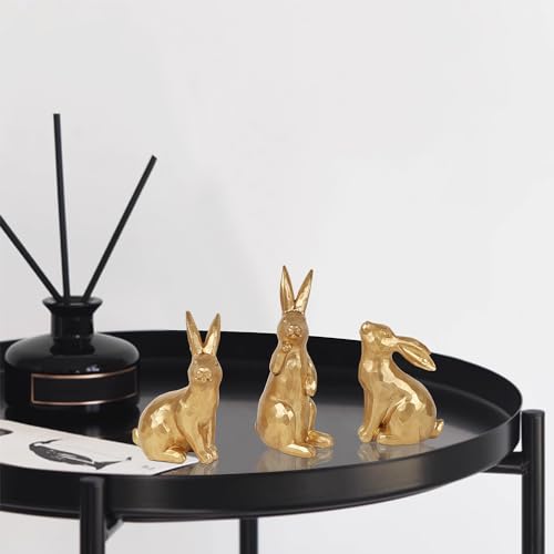 Glintoper 3 Pack Easter Bunny Figurines Decor, Mini Resin Golden Bunnies Spring Sculpture Tabletop Ornament, Rabbits Festival Present for Garden Home Table Office Dining Room Mantle Party Supplies
