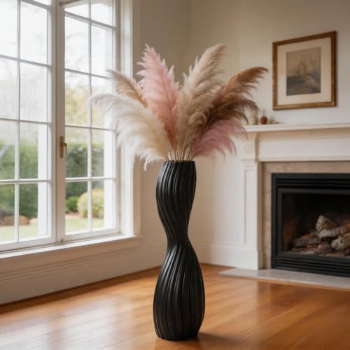 Modern Black Floor Vase, 24 Inch Tall S-Shape Striped Resin Vases, Large Sturdy Home Decor Vase for Living Room, Office, Bedroom with Oval Opening for Dried Pampas Grass & Branches - color: Black
