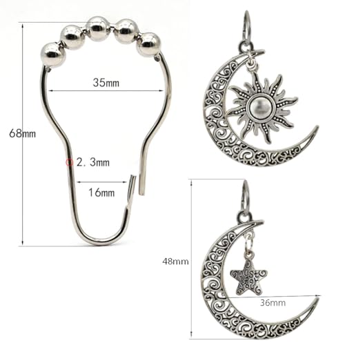 Decorative Sun Moon Celestial Shower Curtain Hooks Rings Set of 12, Silver - color: Silver