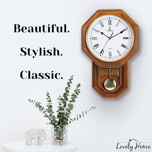 Pendulum Wall Clock Battery Operated, Real Wood Regulator Clock, Quiet - color: Light Wood