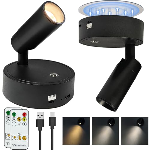 Black 2 Pack Dimmable LED Lights for Bedroom - Battery Wall Light with 3 Lighting Colors, 350° Rotate, Magnetic and USB Rechargeable Wireless Wall Lights with Remote
