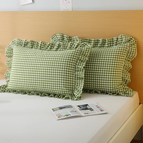 Silnuo Olive Green/White Gingham Ruffle Pillow Covers Queen Size 20"x30" - color: Green/White, size: Queen (20" x 30") - Set of 2
