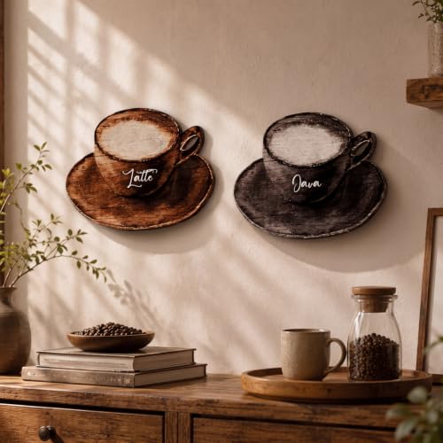 Blulu 3 Pcs Coffee Cup Wooden Wall Art Decor with Metal Hook for Kitchen