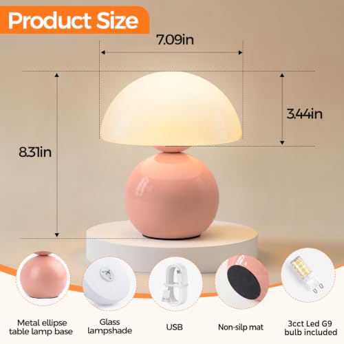 NIORSUN Mushroom Lamp Table Lamp for Bedroom, Portables Cordless Table Lamp,Wireless lamp,Small Bedside Table Touch Lamps for Living Room,Mini Mushroom 5200mAh Battery Operated Lamp Modern Pink - color: Pink, size: 1 Pack-Wireless