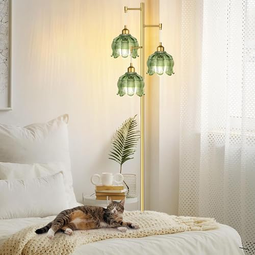ZECOXOL Vintage Floor Lamps for Living Room Bedroom-3 Light Glass Floor Lamp with Three Led Bulb, Modern Mid Century Standing Lamp Brass Tall Lamp Gold Tree Floor Lamp for Bedroom Corner - color: gold-green-Octagonal, size: 4.89inch
