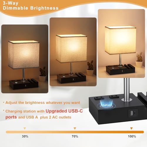 Touch Bedside Table Lamp for Bedroom, 3-Way Dimmable, USB C+A, 2 AC Outlets - color: Grey with Touch Control Base, size: 1 Pack