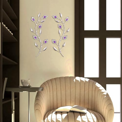 sxnzequnze 2 Set Metal Tree Leaf Wall Art for Home Decor Living Room Bedroom Dining Room Bling Rhinestone, 3D, Iron Branch Hanging Leaf Sculpture Art Pieces -Purple 16.5in*6.7in - color: Purple