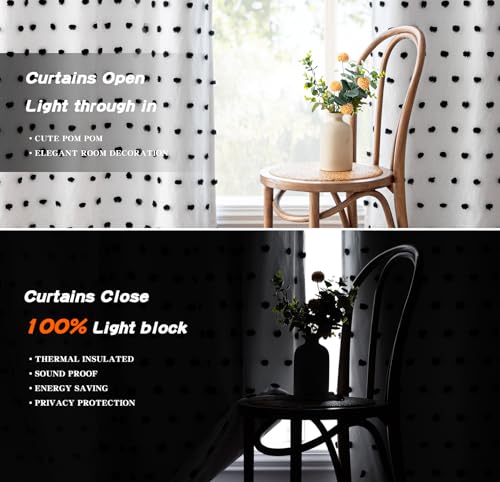 MYSKY HOME Blackout Curtains for Kids Bedroom 100% Light Block Out Thermal Insulated Curtain 63 Inches Grommet Room Darkening Curtains Privacy Window Drapes with Black Pom Pom Sheer 2 PCS, 50" x 63" - color: Black Pom Pom, size: 50"W x 63"L (Pack of 2)