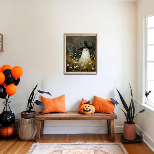 Kizbok Cute Ghost Decor, Vintage Halloween ghost Wall Art Prints, Spooky Ghosts in Floral Landscape Painting, Halloween Pictures Wall Decor, Dark Academia halloween Poster for Bedroom Gallery Bathroom - UNFRAMED - color: Ghosts in Floral, size: 10"L x 8"W