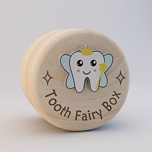Tooth Fairy Box Carved Wooden Box with 3D Tooth Stores Lost Teeth for Kids - color: Wings