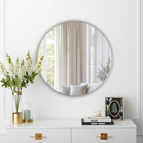 Round Mirror, Wall Mounted Circle Mirror-Brushed Metal Frame, 24", Silver - color: Silver, size: 24"L x 24"W