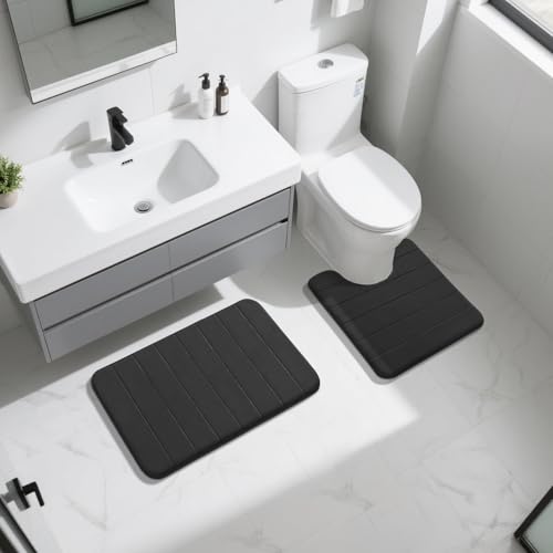 Yimobra Memory Foam Bathroom Mat Set, 31.5 x 20 & 24 x 20 in, Black - color: Black, size: 31.5x20+24x20 Inch