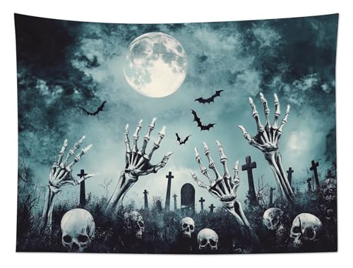 HVEST Black Halloween Tapestry Wall Hanging Scary Skeleton and Horror Tombstone in Cemetery Wall Art Spooky Bat and Misty Full Moon Tapestry for Bedroom Living Room Dorm Wall Decor, 51L X 59W inches - color: Black White, size: 51"L x 59"W