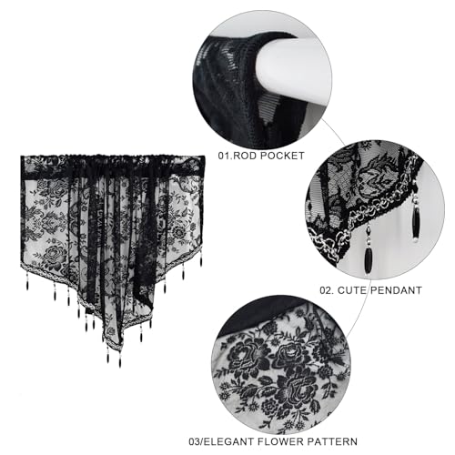 Molaxhome Swag Curtain Scalloped Curtain Valance Drape Sheer Lace Panel 1pc - color: Lace Black