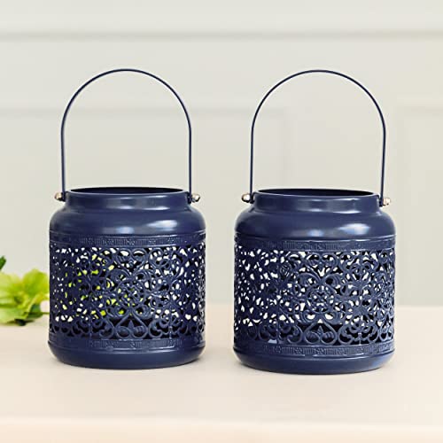 Weddingstar Small Vintage Metal Hanging Lanterns - Dark Blue - Set of 2
