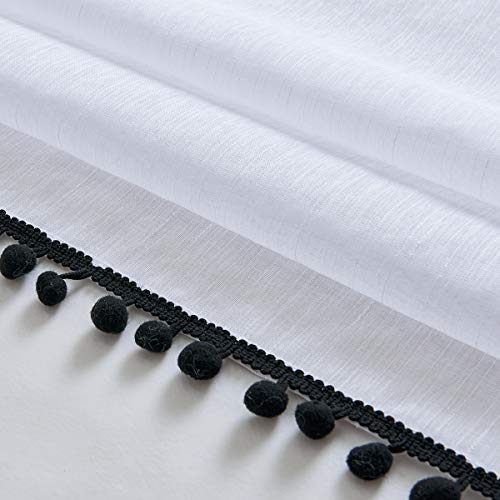 Sheer White Curtains with Black PomPom Trim for Living Room 52x84"Drape 2pc - color: White - Black, size: 52"W x 84"L (Pack of 2)