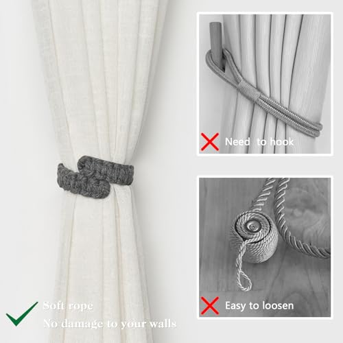 NICEEC 2 Pack Natural Cotton Rope Curtain Tiebacks Farmhouse Rustic Style Decorative Drape Tie Backs Handmade Braided Curtain Holdbacks for Home & Office Sheer/Light Weight Drapery (C-Dark Grey-S) - color: Dark Grey-small, size: 2 Pack