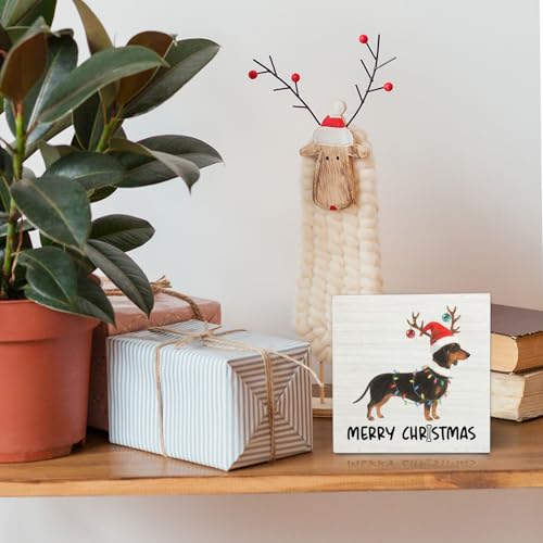Dachshund Merry Christmas Wooden Box Sign Desk Decor, Weiner Dog Lover Gifts, Christmas Sausage Dog Wood Block Sign for Home Bedroom Office Desk Table Shelf Wall Decorations, 5x5 Inch - color: Dachshund
