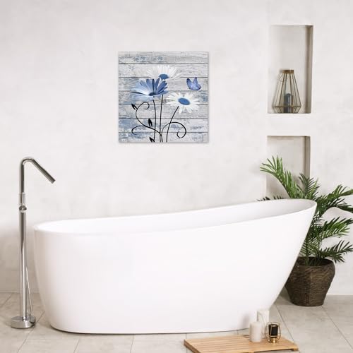 HVEST Farmhouse Blue Floral Wall Art for Living Room, Blue and White Daisy Butterfly on Rustic Wood Canvas Wall Art Nature Flower Pictures for Bathroom Bedroom Apartment Wall Decor,12L X 12W inches - color: Blue, size: 12"L x 12"W