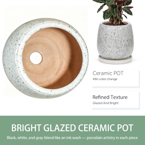 10.3 Inch Ceramic Glaze Plant Pot with Saucer, Flower Pots with Drainage Hole Mesh Net (Spot Blue) - color: Spot Blue