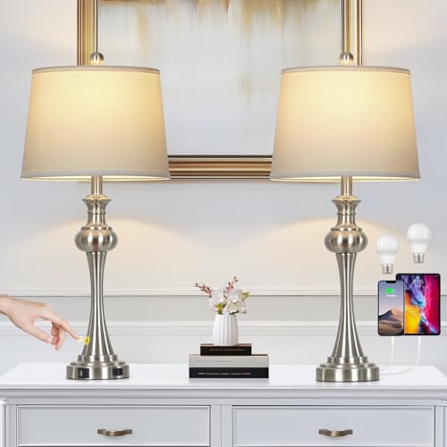 CINSARY Silver Table Lamps Set of 2, 29" Bedside Lamps with USB C+A - color: Silver-set of 2