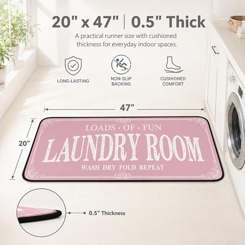 ROMAMIGO Laundry Room Rug Runner Non Slip Laundry Mats Mudroom Runner Farmhouse Kitchen Floor Mat Bathroom Laundry Room Decor Accessories(Pink, 20 X 47 inch) - color: Pink