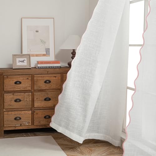DriftAway Semi Sheer Scalloped Edge White Coastal Beach Window Curtains for Living Room Bedroom 2 Panels Rod Pocket Each Size 52 Inch by 72 Inch Pink - color: White Pink, size: 52"W x 72"L (Pack of 2)