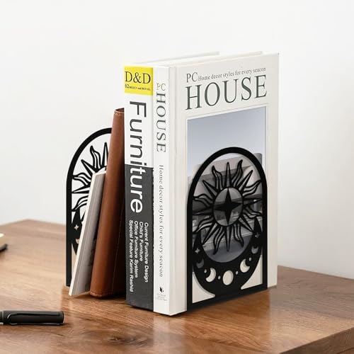 Book Ends, Set of 2 Metal Bookends for Shelves, Decorative Bookends for Heavy Books, Non-Slip Book End, Black Bookend for Home Office (Moon Phase) - color: Moon Phase