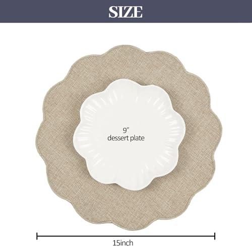 AHHFSMEI Round Scalloped Placemats Set of 6 15 Inch Faux Linen - color: Linen Beige
