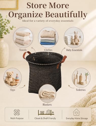Wicker Storage Baskets, 4 Pack Woven Baskets for Shelves, Dark Gold - color: Round Dark Gold