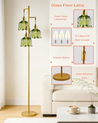 Lightdot Green Glass Floor Lamp Dimmable with LED Bulbs & Flower Shade - color: 3 Green Glass-Gold I
