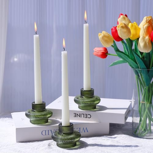VOHO Green Taper Candle Holders Set of 6, Ribbed Glass Candlestick Holders - color: Green