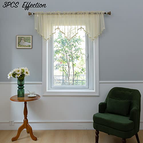 PearAge Beaded Sheer Valance Curtains for Living Room,Rod Pocket Farmhouse Window Valance, Bead Trim Tassel Voile Sheer Curtain Valance for Bedroom Bathroom Cafe 51x24 Inches (Beige) 1PC - color: Beige