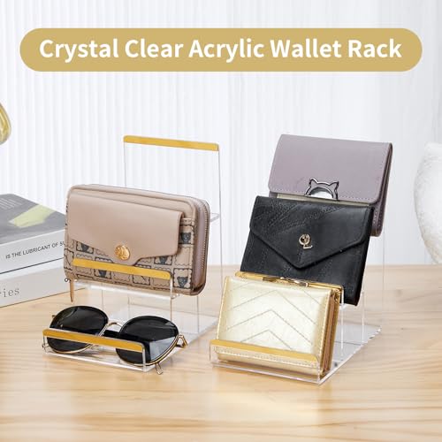 2 Pack 3-Tier Purse Display Stands, Acrylic Wallet Holder Risers Stand, 2-Inch Spacing Clear Clutch Rack Handbag Display Shelf, 4MM Thick Counter Wallet Organizer for Figure Sunglasses Retail Vendor - size: 3 Tier(2pack)