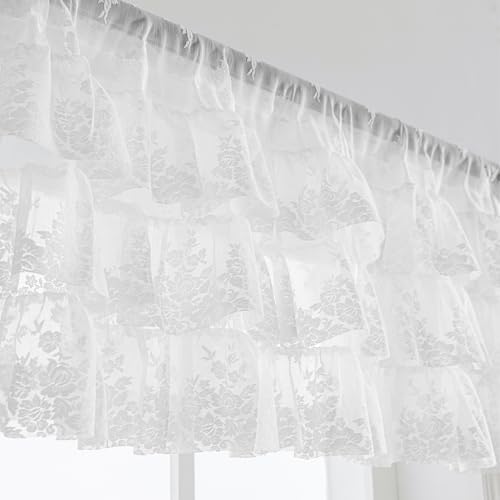 Kotile White Ruffle Lace Valance for Windows W52 x L18 Inch, 1 Panel - color: White - Ruffle Lace