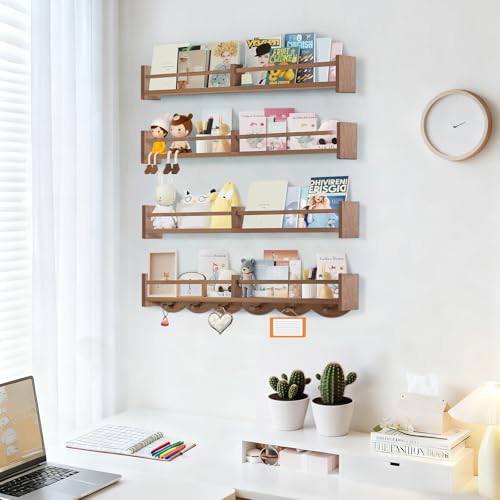 34Inch Nursery Book Shelves Wall Mounted, Floating Book Shelf for Kids Coat Rack with 6 Hooks, Wall Hanging Shelf for Baby Nursery Room Organizer ,Patent Number:US-D1058229-S(4, Light Brown) - color: Light Brown