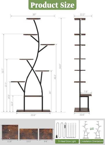 Plant Stand Indoor with Grow Lights 65" Tall Plant Shelf Corner Lighted Plant Stands for Indoor Growing Multiple Metal 8 Tiered Large S-Shape Display Shelves Plant Rack for Home Decor Patio Balcony - color: Black-65"
