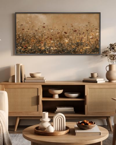 HUARCEY Metal Framed Textured Sandstone Wildflower Wall Art, Vintage Floral Landscape Wall Decor for Living Room Bedroom Office Bathroom, Nature Flower Oil Painting Prints Decorations 20"X40" - color: Flower field