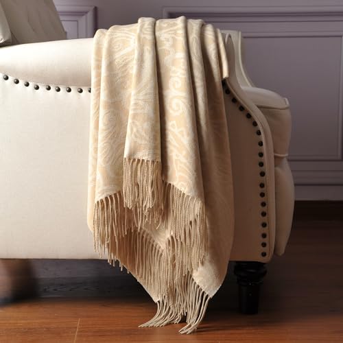 CUDDLE DREAMS Premium Cashmere Throw Blanket with Fringe (Paisley Beige) - color: Paisley Beige