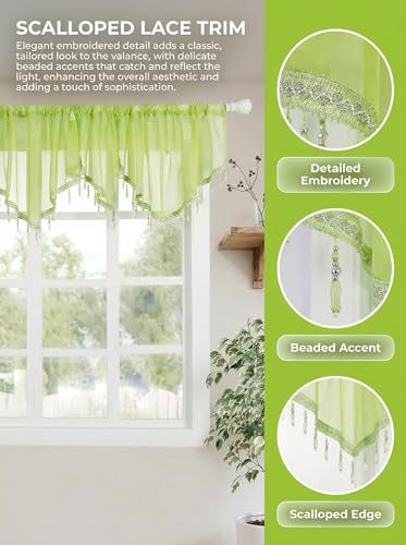 Molaxhome Swag Curtain Scalloped Curtain Valance Drape Sheer Lace Panel 1pc - color: Green