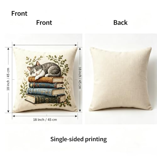 2D Flat Sleeping Cat on Books Linen Throw Pillow Covers 18x18 Set of 2 - color: A20022, size: 18" x 18" (Pack of 2)