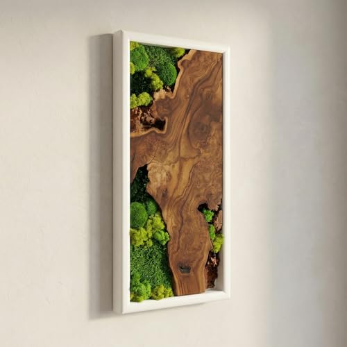 White Framed Moss Wall Art, Vertical Cedar Wood & Preserved Greenery Modern Natural Wall Decor for Living Room, Office & Home, Zero Maintenance Handcrafted Gift 30" x 14" - size: 30"L x 14"W