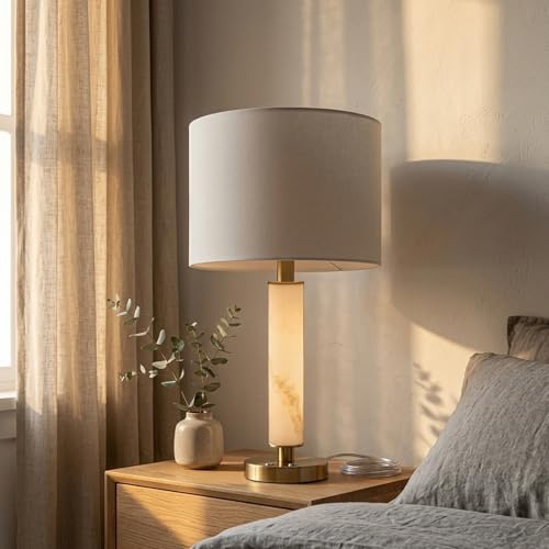 Table Lamp with Night Light, Desk Light with USB A&C Charging Ports, Stepless Dimmable Bedside Light for Reading and Nightstand, Modern Marble Lamp for Bedroom and Living Room