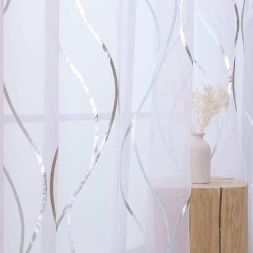 L.Z.E White and Silver Sheer Curtains for Living Room, Light Filtering Sheer Curtains 72 Inches Long 2 Panels Set, Grommet See Through Window Drapes with Elegant Wave Patterns - color: (Grommet) Silver Waves, size: 54"W x 63"L (Pack of 2)