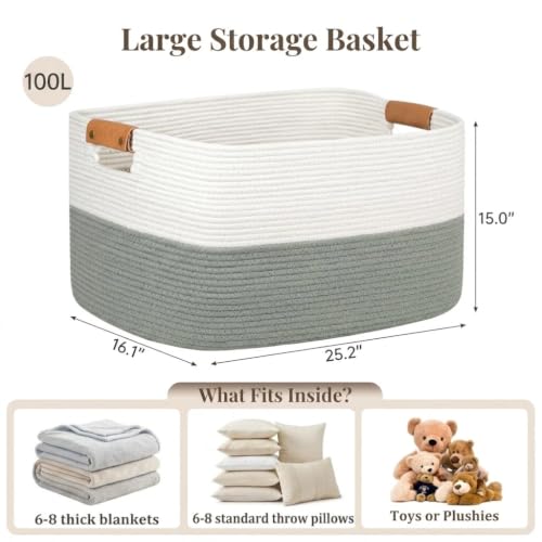 Danpinera 100L Extra Large Blanket Basket for Living Room, White&Sage Green - color: White & Green, size: 108L