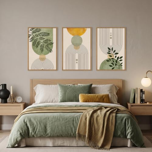 Aurlan Large Boho Sage Green Framed Canvas Wall Art Set-24"x36"x3 - color: Boho Green Arch Wall Art, size: 24"L x 36"W