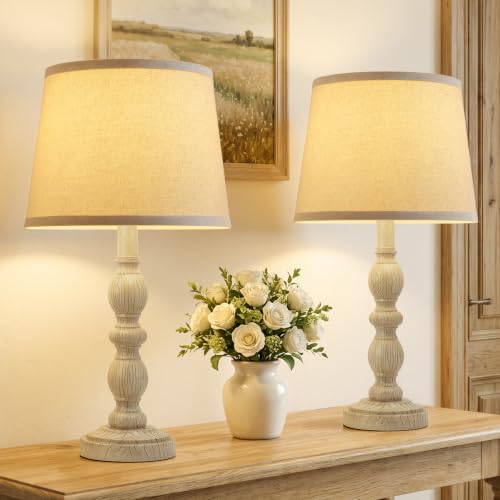 Table Lamps Set of 2, 20.5" Rustic Farmhouse Bedside Lamps with Linen Shade - color: Creamy White
